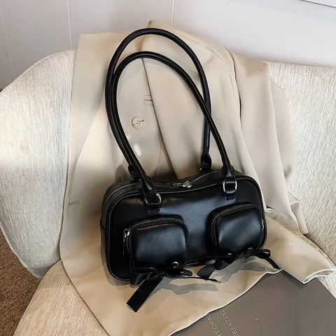 Women Vintage PU Leather Underarm Bag With Satin Bow Decorative Front Pockets Solid Color Stylish Shoulder Bag For Daily Commute