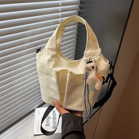 Γυναικεία Casual Τσάντα Tote από Καμβά με Πολλαπλές Τσέπες Μονόχρωμη Τσάντα Χειρός Με Ρυθμιζόμενο Λουρί Ώμου Και Αποσπώμενο Διακοσμητικό Ζώου