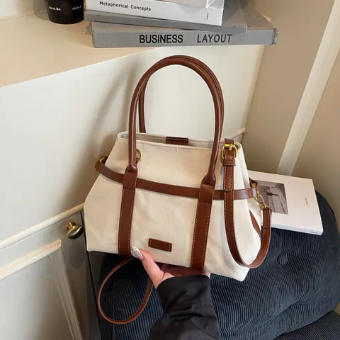 Women Casual Canvas Tote Bag With Brown Synthetic Leather Trim Contrast Color Handbag Commute Crossbody Shoulder Bag For Students