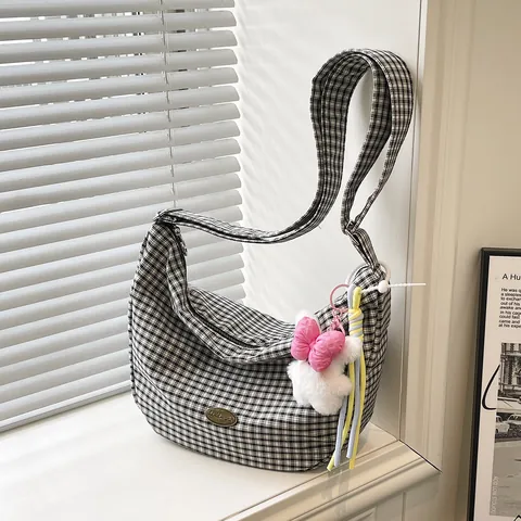 Women Gingham Checkered Nylon Shoulder Bag Large Capacity Hobo Bag With Cute Plush Rabbit Pendant Casual Tote Handbag