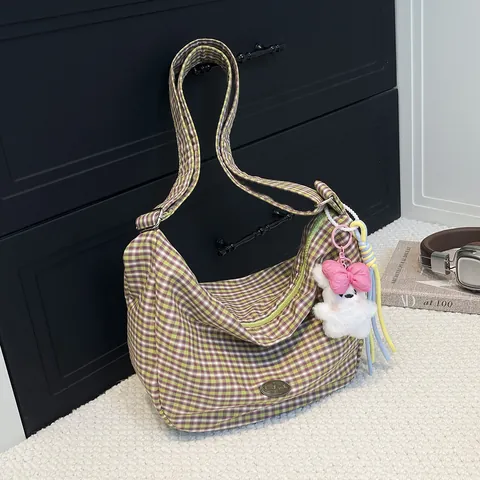 Women Gingham Checkered Nylon Shoulder Bag Large Capacity Hobo Bag With Cute Plush Rabbit Pendant Casual Tote Handbag