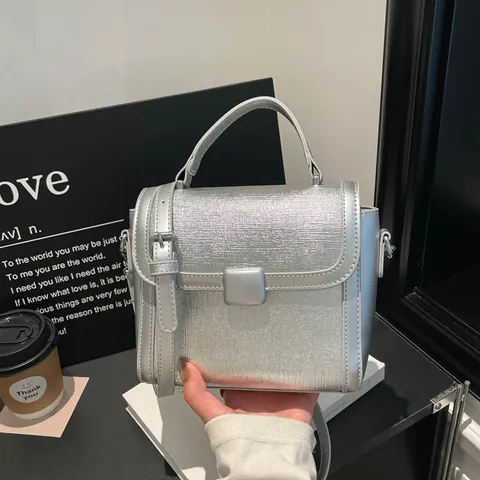 Minimalist PU Leather Crossbody Bag For Women Metal Texture Brushed Square Buckle Handbag Shoulder Bag Fashion Purse