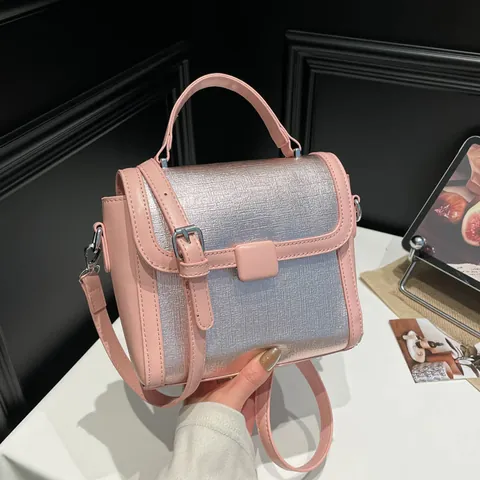 Minimalist PU Leather Crossbody Bag For Women Metal Texture Brushed Square Buckle Handbag Shoulder Bag Fashion Purse