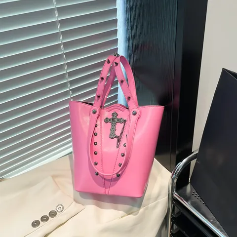 Women's Gothic Punk Bucket Bag Shiny PU Synthetic Leather Handbag Cross Rivet Chain Tote Shoulder Bag Daily Commuter Crossbody Bag