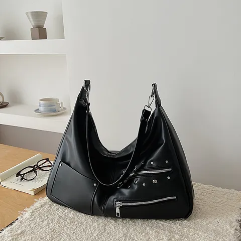 Sac Hobo Femme Vintage Grande Capacité en Cuir PU avec Rivets et Multi Fermetures Éclair Sac à Épaule pour Déplacement Quotidien