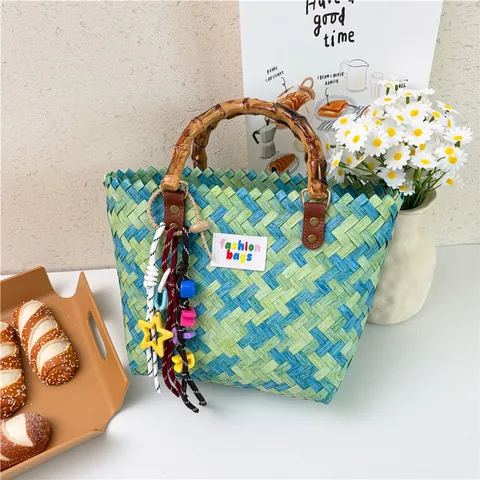 Vintage Straw Woven Handbag With Bamboo Handle Retro Color Block Tote Bag Casual Beach Bag With Tassel Pendant For Women