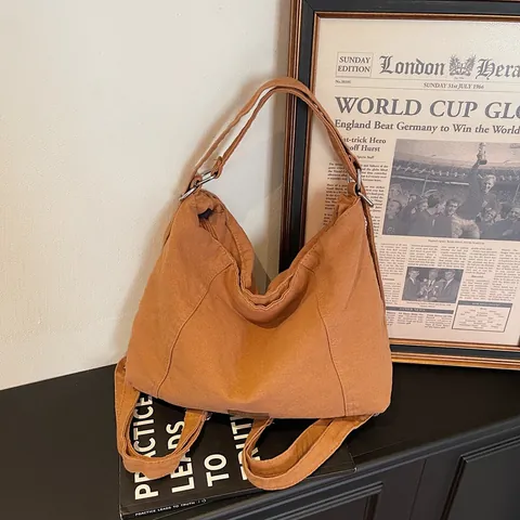 Bolso de Hombro de Lona de Gran Capacidad para Mujer Vintage Casual Hobo Bolso Con Correa Ancha Ajustable Color Sólido Bandolera