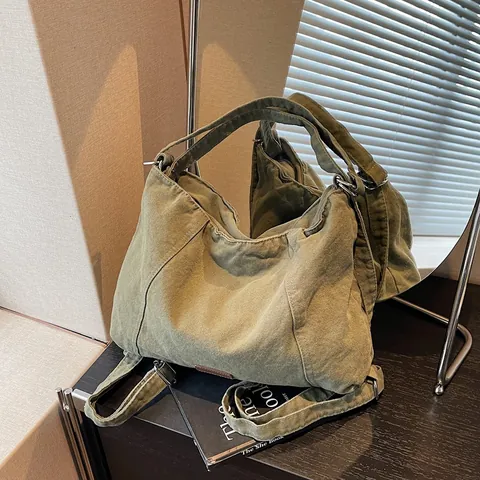 Bolso de Hombro de Lona de Gran Capacidad para Mujer Vintage Casual Hobo Bolso Con Correa Ancha Ajustable Color Sólido Bandolera