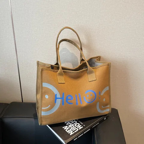 Sac Fourre-Tout en Toile pour Femmes Grande Capacité Minimaliste Hello Smile Motif Sac à Main Mode Style Coréen Sac à Bandoulière
