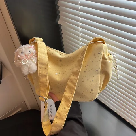 Women Trendy Canvas Star Print Shoulder Bag Casual Large Capacity Tote Bag With Cute Plush Bunny Pendant Commuter Bag