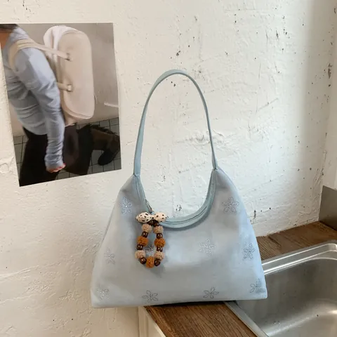 Women Rhinestone Floral Underarm Bag With Plush Pendant PU Leather Suede Texture Shoulder Bag For Daily Commute Casual Fashion Handbag