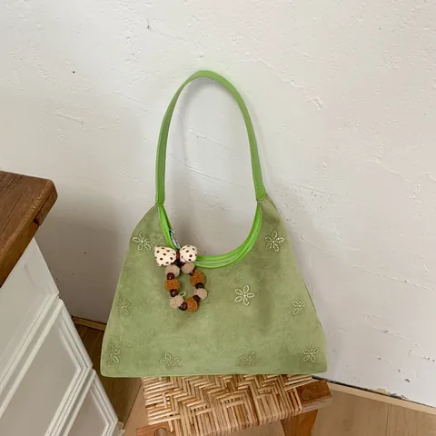 Women Rhinestone Floral Underarm Bag With Plush Pendant PU Leather Suede Texture Shoulder Bag For Daily Commute Casual Fashion Handbag
