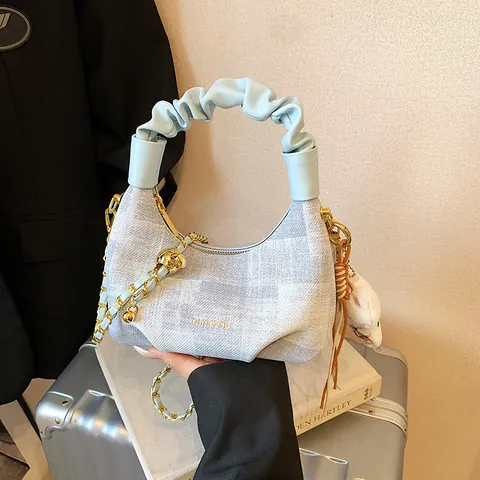 Borsa a Tracolla Hobo da Donna in Pelle PU Strutturata Manico Pieghettato Nuvola Catena d'Oro Borsa a Mezzaluna Casual