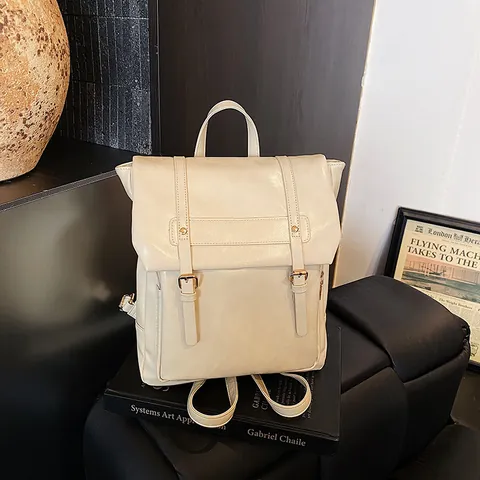 Mochila de Cuero PU Minimalista Retro Gran Capacidad Hebilla de Solapa Bolsa Escolar para Mujer Estudiante Bolso Mensajero Moderno