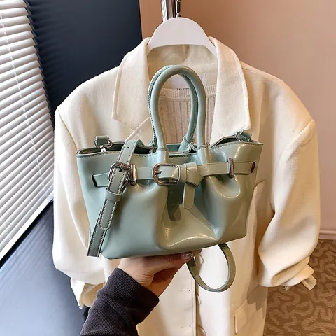 Women Trendy Glossy PU Leather Bucket Bag With Belt Buckle Pleated Design Shoulder Crossbody Bag Handbag Fashion Daily Bag