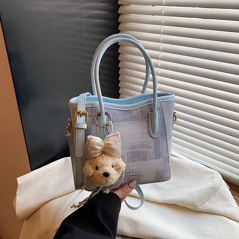 Women Casual PU Leather Fabric Bucket Bag Splicing Tote With Plush Pendant Shoulder Crossbody Bag Daily Simple Handbag