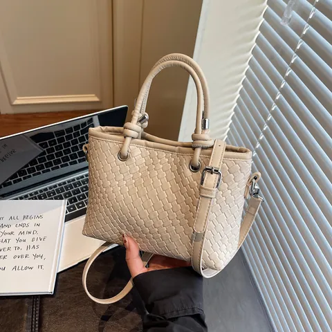 Borsa a Secchiello Intrecciata Minimalista da Donna in Pelle PU Tinta Unita Borsa a Tracolla Con Chiusura Magnetica Per Ufficio Quotidiano