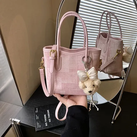 Women Casual PU Leather Fabric Bucket Bag Splicing Tote With Plush Pendant Shoulder Crossbody Bag Daily Simple Handbag