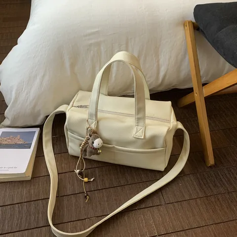 Women Korean Litchi Grain PU Leather Boston Handbag With Plush Horse Charm Large Capacity Commuter Shoulder Crossbody Bag