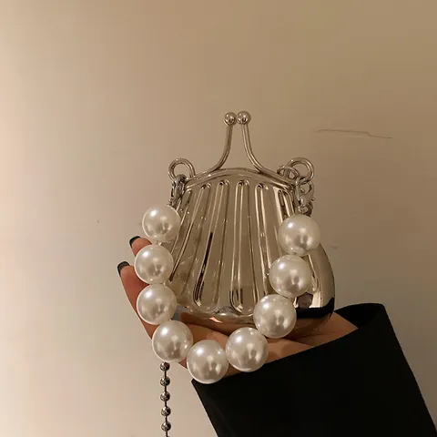 Damen Mini Metall Muschel Abendtasche Mit Kunstperlengriff Silber Spiegel Hartschale Umhängetasche Vintage Stil Clutch Handtasche Für Hochzeit Party