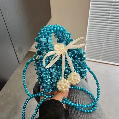 Handgefertigte Mini-Handtasche Aus Kunstperlen Für Damen Vintage Elegante Umhängetasche Mit Satinschleife Für Hochzeit Party