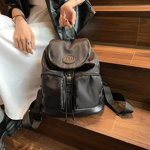 Sac à Dos Femme Mode en Tissu Oxford Minimaliste Décontracté Sac d'École Étudiant Grande Capacité Cordon de Serrage Noir