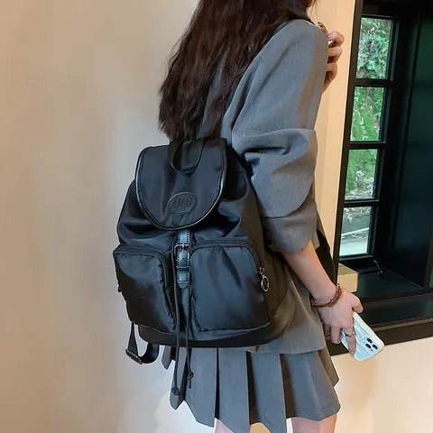 Sac à Dos Femme Mode en Tissu Oxford Minimaliste Décontracté Sac d'École Étudiant Grande Capacité Cordon de Serrage Noir