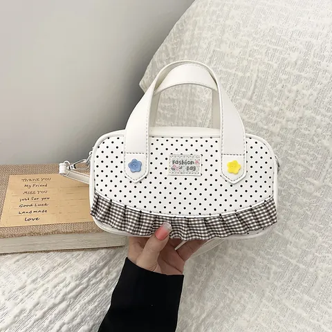 Women Girls Cute Polka Dot Plaid Ruffle Crossbody Bag Sweet Flower Decor Small Square Handbag Top Handle PU Leather Shoulder Bag