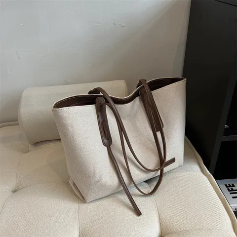 Borsa Tote in Tela da Donna Grande Capacità Con Bordo in Pelle PU Chiusura a Cerniera Street Style Casual per Lavoro