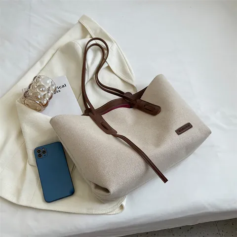 Borsa Tote in Tela da Donna Grande Capacità Con Bordo in Pelle PU Chiusura a Cerniera Street Style Casual per Lavoro