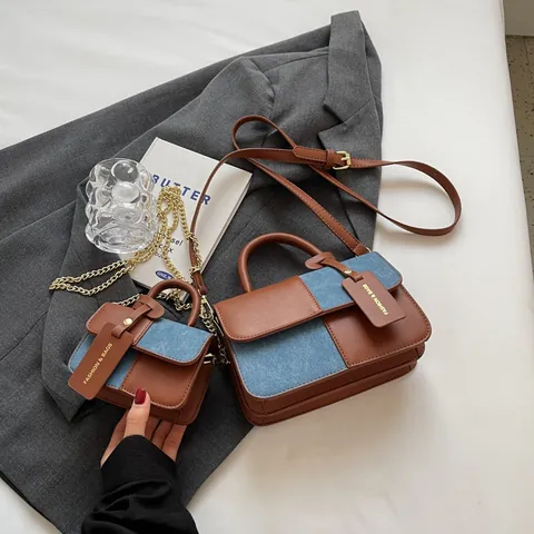 Women Colorblock PU Leather Handbag Vintage Stitching Small Square Bag Fashion Crossbody Shoulder Bag For Daily Commuting