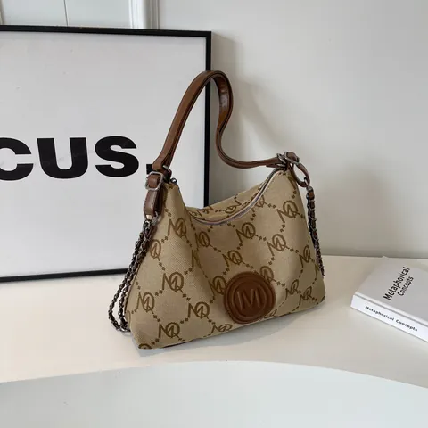 Large Capacity Canvas Tote Bag Retro Monogram Shoulder Bag Denim Jacquard Handbag With Chain For Women Daily Commute Carry