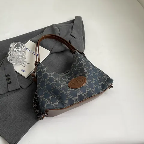 Large Capacity Canvas Tote Bag Retro Monogram Shoulder Bag Denim Jacquard Handbag With Chain For Women Daily Commute Carry