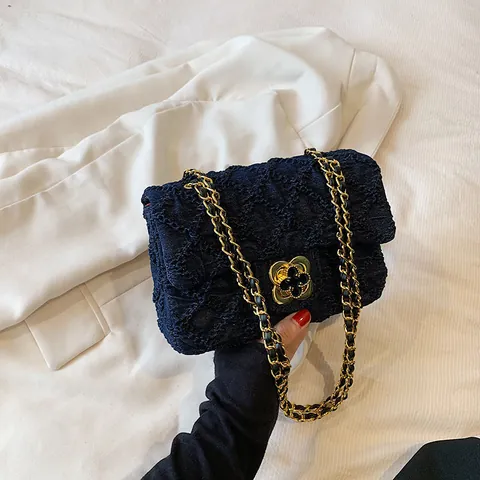 Elegant Quilted Chain Shoulder Bag For Women Gold Flower Lock Textured Fabric Crossbody Bag Small Square Fashion Handbag