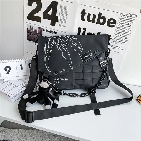 Unisex Techwear Messenger Bag Large Capacity Waterproof Nylon Crossbody School Bag With Monkey Pendant Metal Chain For Students