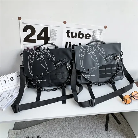 Unisex Techwear Messenger Bag Large Capacity Waterproof Nylon Crossbody School Bag With Monkey Pendant Metal Chain For Students