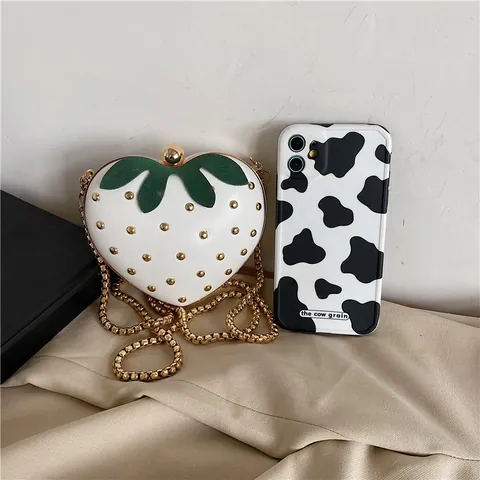 Sac Bandoulière en Cuir PU Forme de Fraise Mignonne Femmes Filles Sac à Épaule Chaîne Douce Petit Sac à Main