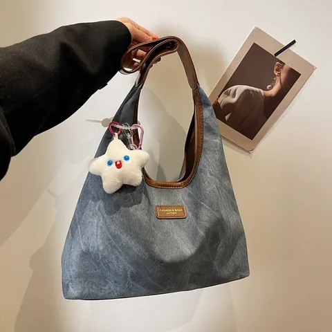 Grote Capaciteit Vintage PU-Lederen Tote Hobo Schoudertas Voor Vrouwen Met Ster Pluche Hanger Gewassen Textuur Woon-werkverkeer Werktas