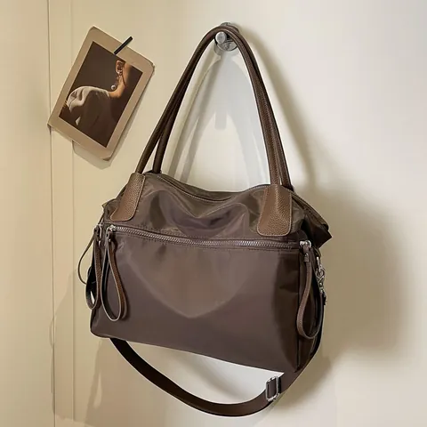 Borsa Tote in Nylon da Donna Grande Capacità Borsa a Tracolla Pendolare Con Manici in Pelle Sintetica Cerniera Multipla