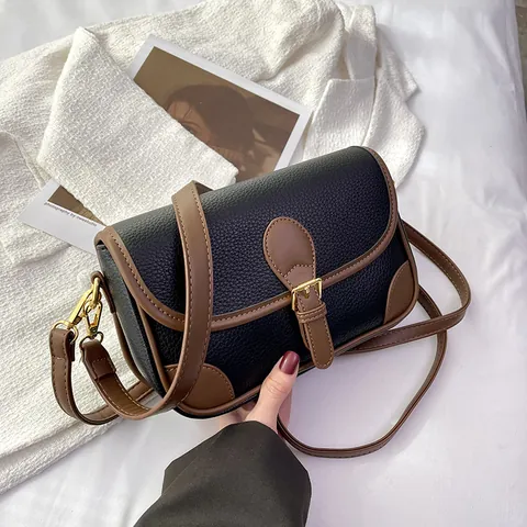 Borsa a Tracolla Donna Retro Pelle PU Grana Litchi Vintage Minimalista Sella Crossbody Fibbia Dorata Borsa Pendolare