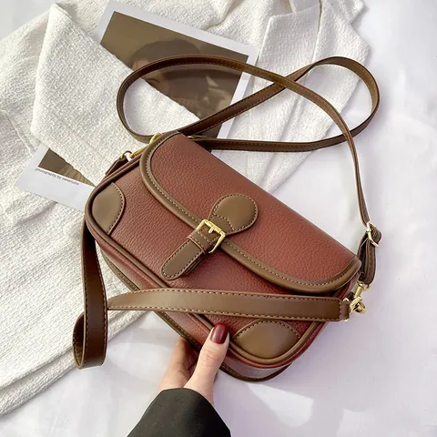 Borsa a Tracolla Donna Retro Pelle PU Grana Litchi Vintage Minimalista Sella Crossbody Fibbia Dorata Borsa Pendolare