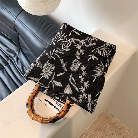 Women Retro Jacquard Canvas Tote Bag With Natural Bamboo Handle Floral Plant Pattern Large Capacity Handbag For Daily Shopping