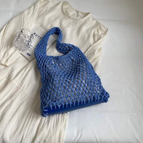 Handmade Cotton Rope Woven Hollow Mesh Tote Bag For Women Summer Beach Vacation Shoulder Bag With Drawstring Inner Pouch