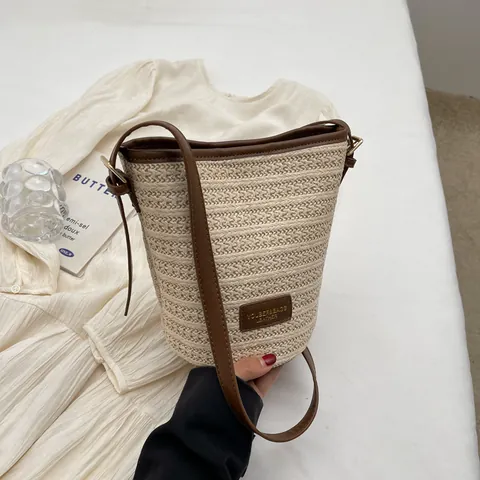 Summer Woven Straw Bucket Bag For Women Leather Trim Adjustable Strap Mini Crossbody Bag Casual Beach Shoulder Bag
