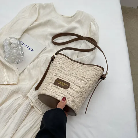 Summer Woven Straw Bucket Bag For Women Leather Trim Adjustable Strap Mini Crossbody Bag Casual Beach Shoulder Bag