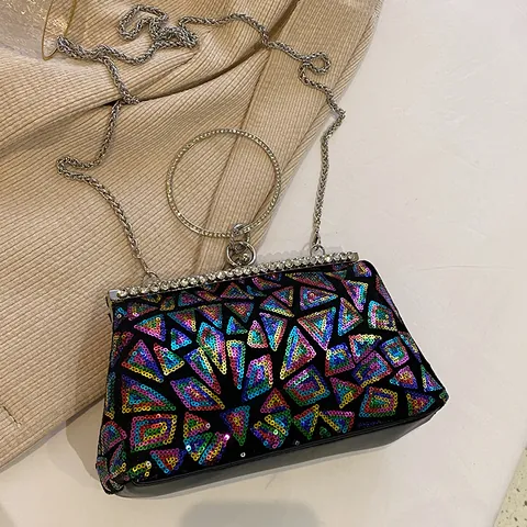Women Vintage Sequin Geometric Evening Clutch Bag Rhinestone Round Handle Metal Chain Shoulder Bag Party Wedding Handbag