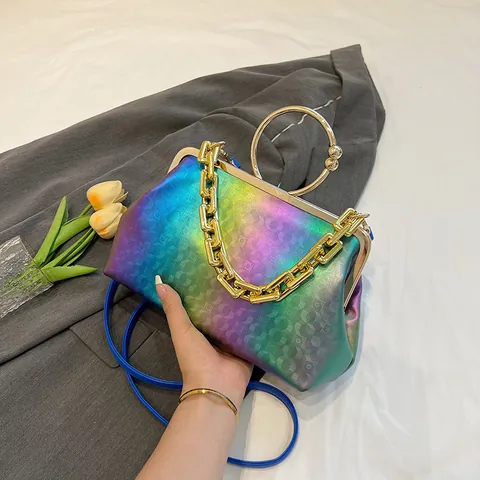 Women's Retro PU Leather Shell Bag Gradient Color Geometric Texture Gold Circle Handle Metal Chain Crossbody Shoulder Bag Party Handbag