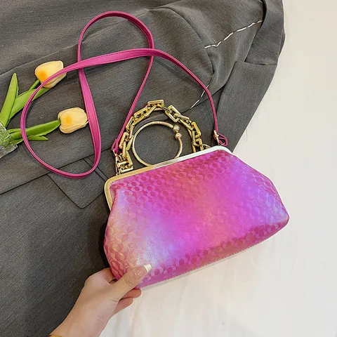 Women's Retro PU Leather Shell Bag Gradient Color Geometric Texture Gold Circle Handle Metal Chain Crossbody Shoulder Bag Party Handbag