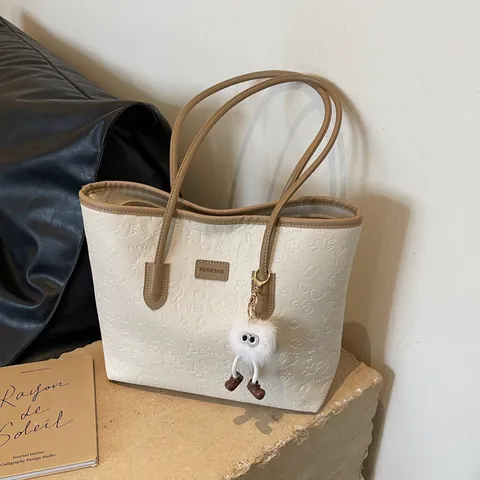 Women Fashion Cartoon Embossed PU Leather Tote Bag Large Capacity Casual Shoulder Bag With Plush Monster Pendant Accessory