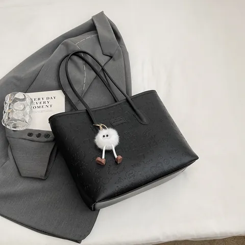 Women Fashion Cartoon Embossed PU Leather Tote Bag Large Capacity Casual Shoulder Bag With Plush Monster Pendant Accessory